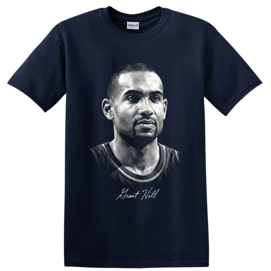 Grayscale Grant Hill basketball portrait with signature-style lettering on a Navy (Blue) T Shirt