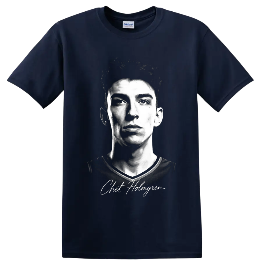 Chet Holmgren black-and-white basketball portrait with signature-style name text on a Navy (Blue) T Shirt