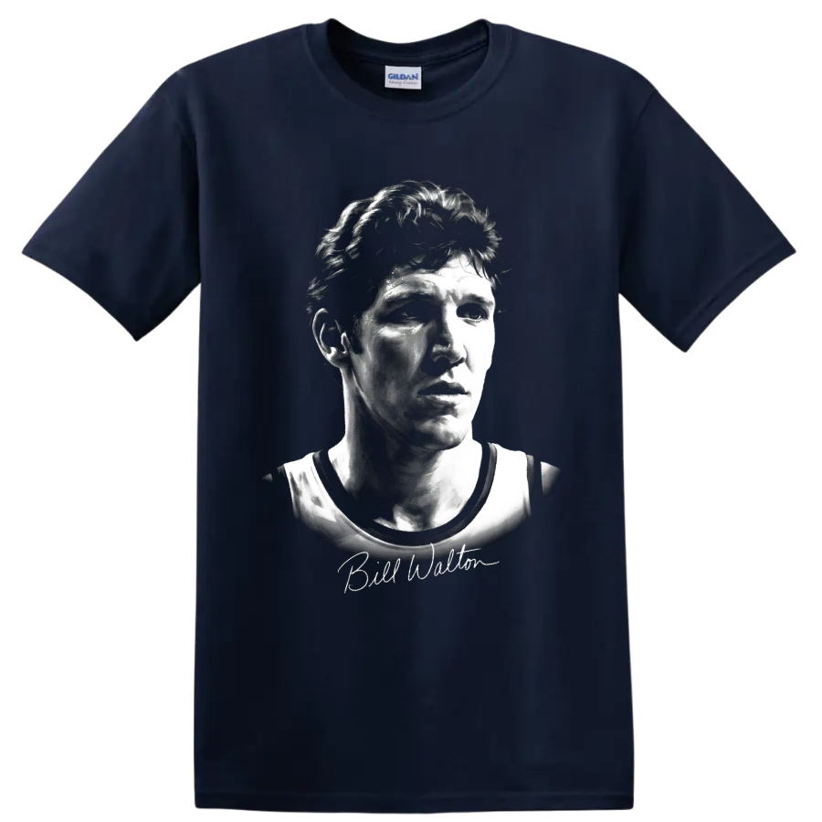 Black-and-white Bill Walton basketball portrait with signature-style script on a Navy (Blue) T Shirt