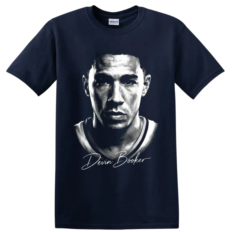 Monochrome Devin Booker basketball portrait with signature-style lettering on a Navy (Blue) T Shirt