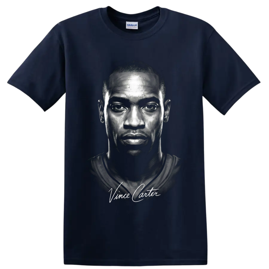 High-contrast Vince Carter portrait with signature-style lettering on a Navy (Blue) T Shirt