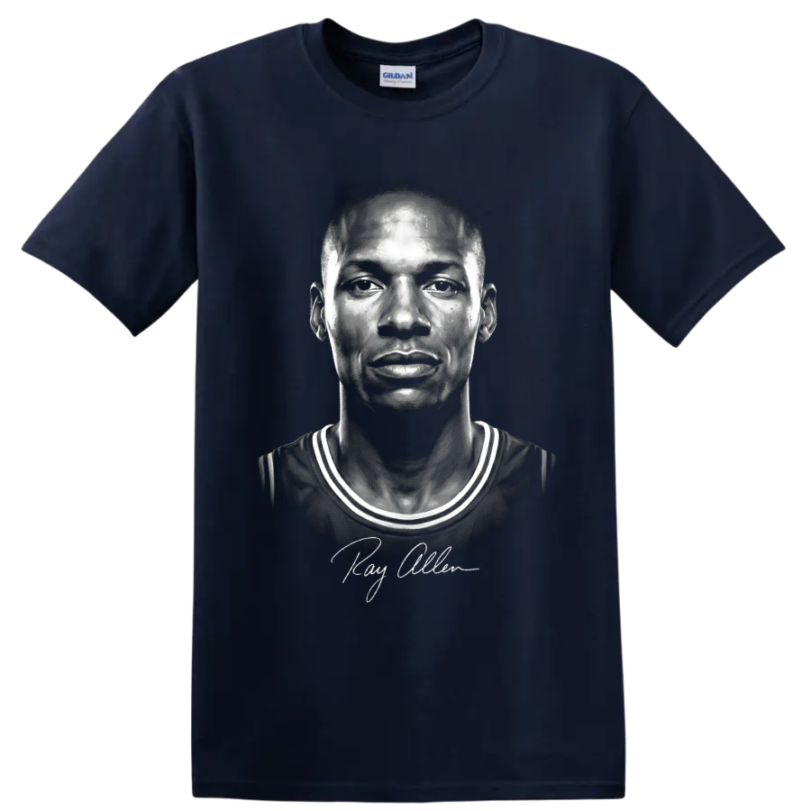 Monochrome Ray Allen Boston Celtics No. 20 basketball portrait with signature on a Navy (Blue) T Shirt