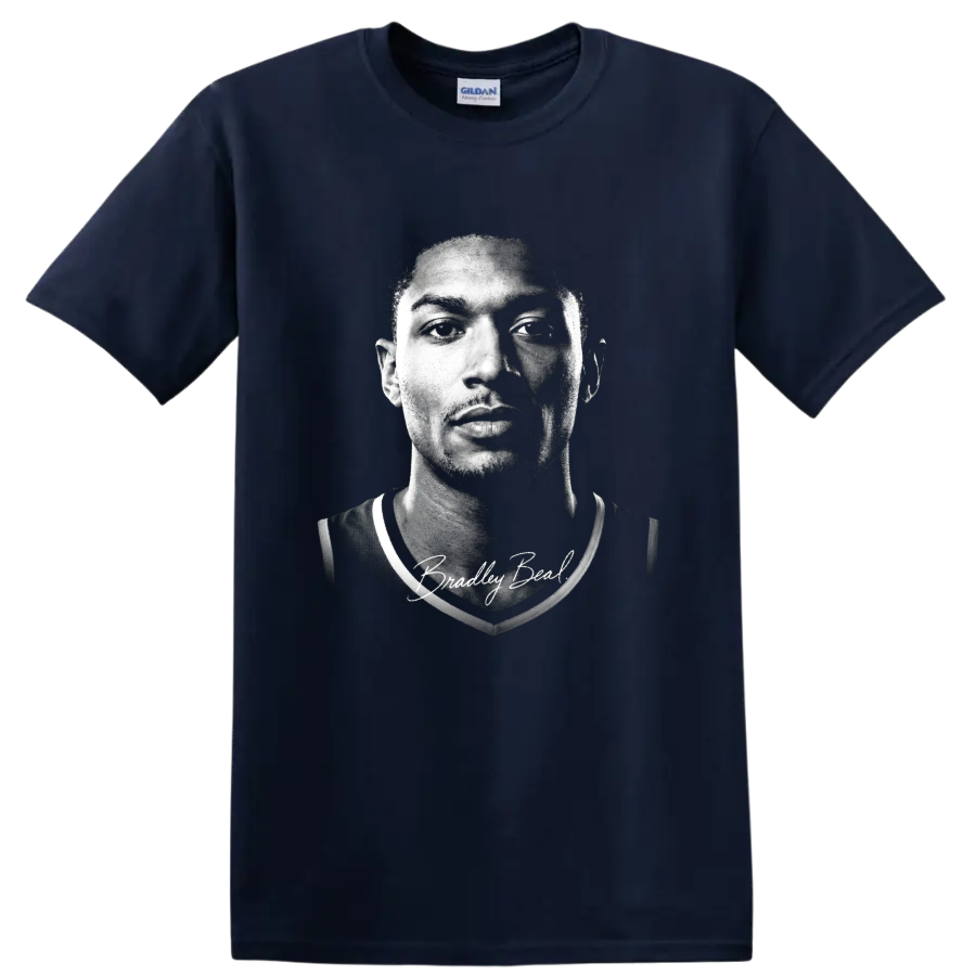 Bradley Beal black-and-white basketball portrait with signature-style lettering on a Navy (Blue) T Shirt
