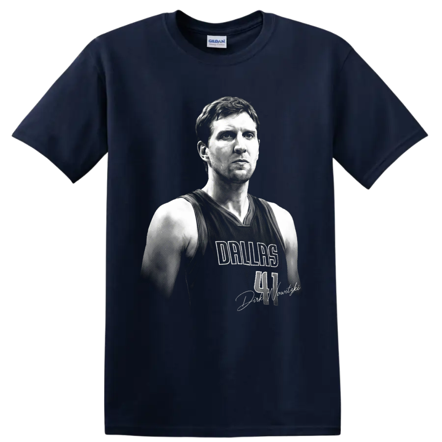 Black-and-white Dirk Nowitzki Dallas Mavericks No. 41 portrait graphic on a Navy (Blue) T Shirt