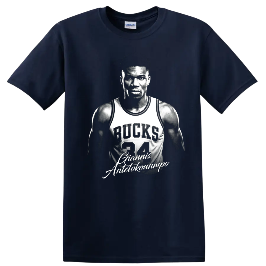 Giannis Antetokounmpo in Bucks number 34 jersey, monochrome portrait graphic on a Navy (Blue) T Shirt
