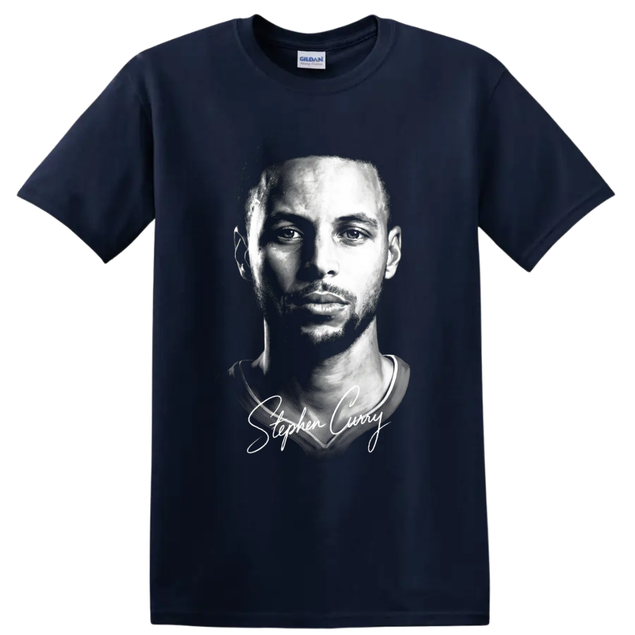Stephen Curry black-and-white portrait with cursive signature on a Navy (Blue) T Shirt