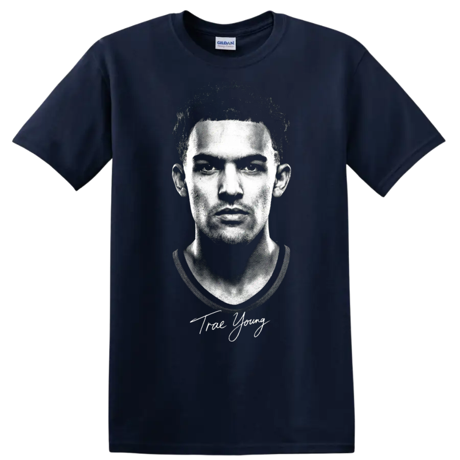 Trae Young black-and-white portrait with signature-style lettering on a Navy (Blue) T Shirt