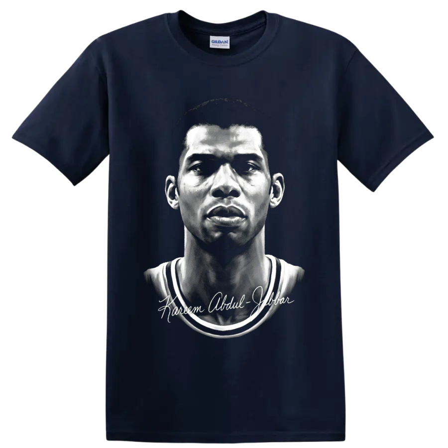 Kareem Abdul-Jabbar monochrome Lakers No. 33 portrait with signature-style lettering on a Navy (Blue) T Shirt