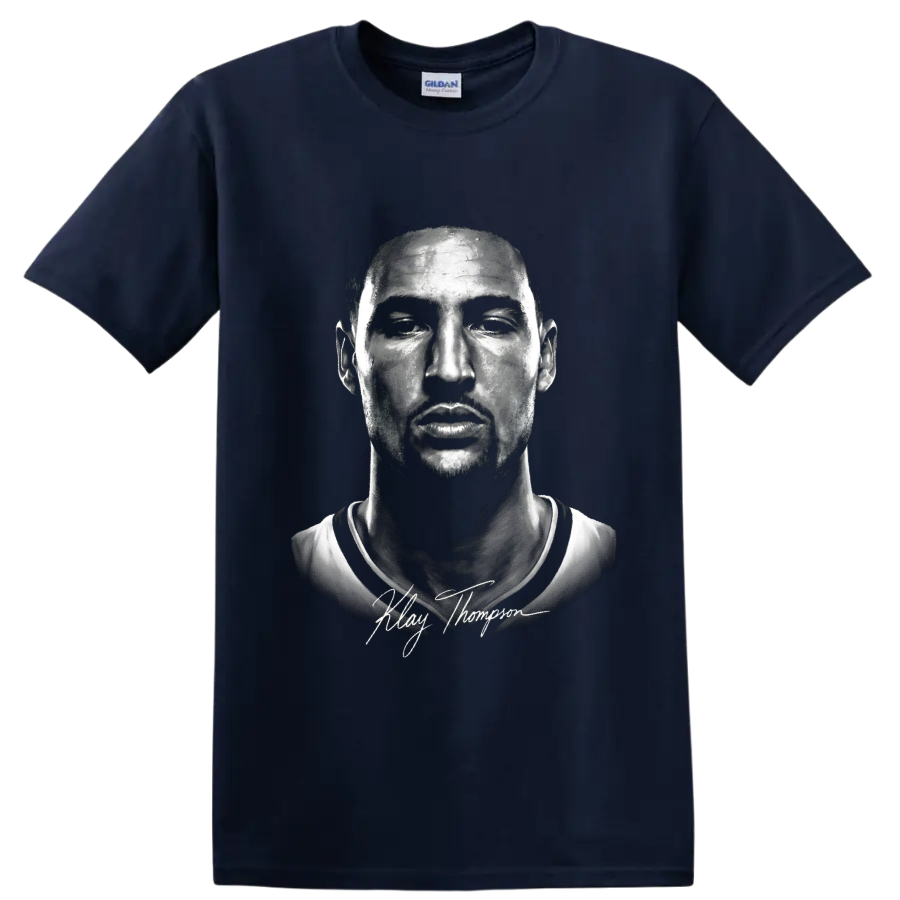 Klay Thompson monochrome basketball portrait with signature-style lettering on a Navy (Blue) T Shirt