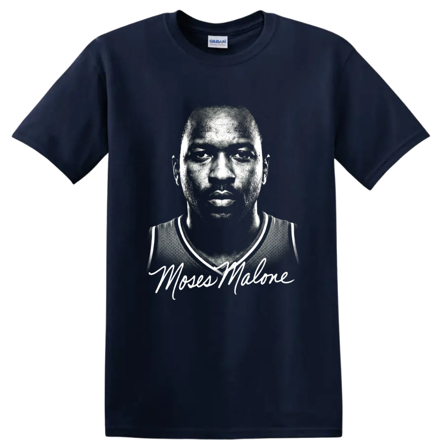 Moses Malone black-and-white halftone basketball portrait with signature-style script on a Navy (Blue) T Shirt
