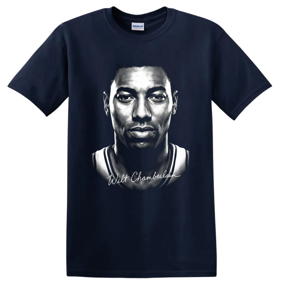 Wilt Chamberlain black-and-white basketball portrait with signature-style text on a Navy (Blue) T Shirt