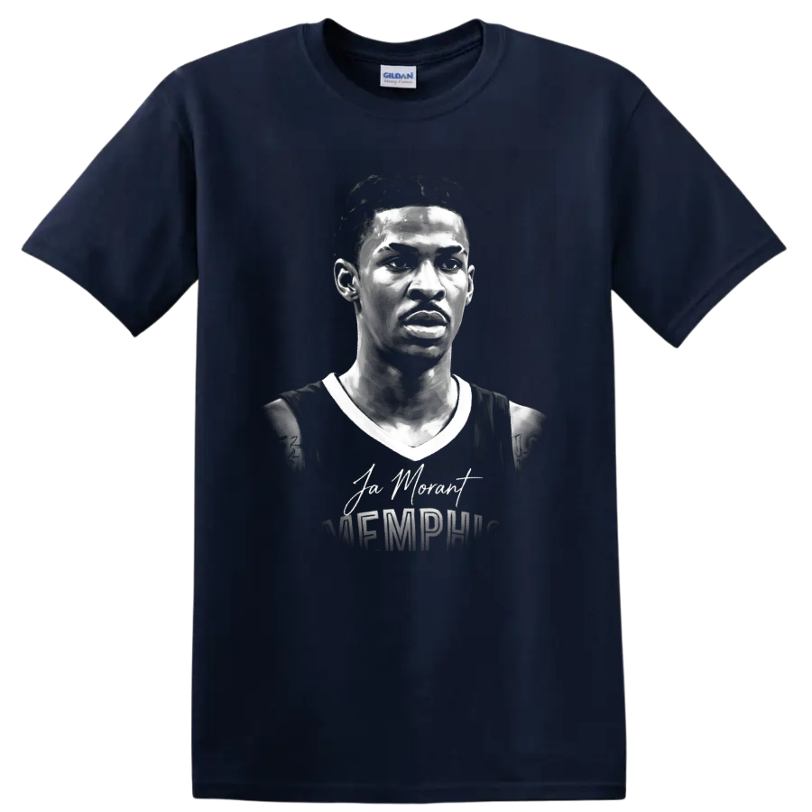 Ja Morant Memphis basketball portrait with signature and Memphis lettering on a Navy (Blue) T Shirt