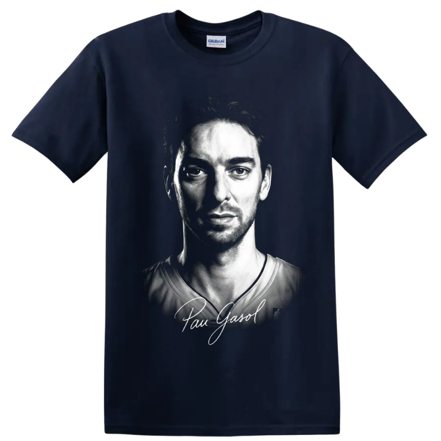 Black-and-white Pau Gasol basketball portrait with signature-style lettering on a Navy (Blue) T Shirt