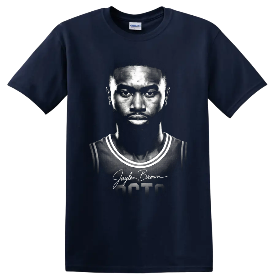 Jaylen Brown Boston Celtics number 7 monochrome basketball portrait with signature on a Navy (Blue) T Shirt