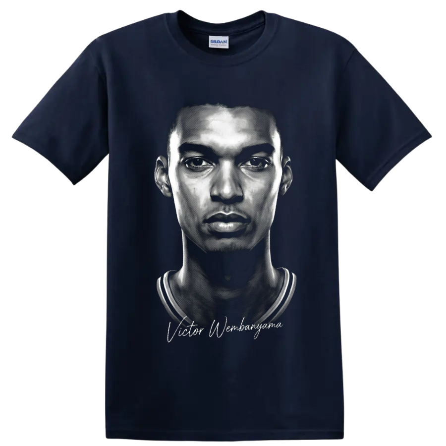 Black-and-white Victor Wembanyama basketball portrait with signature-style lettering on a Navy (Blue) T Shirt