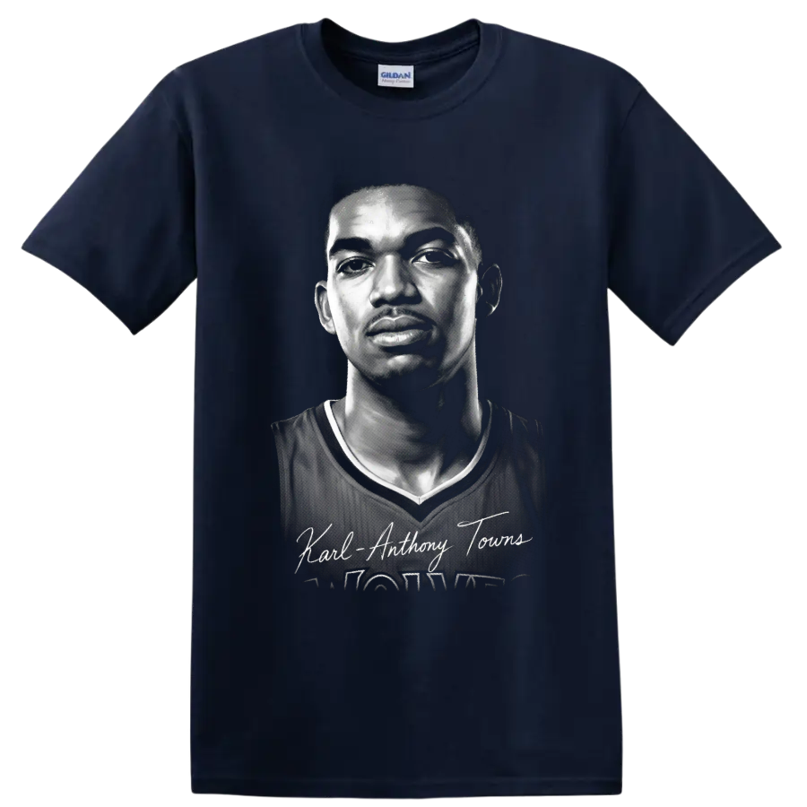 Black-and-white Karl-Anthony Towns basketball portrait with signature-style name text on a Navy (Blue) T Shirt