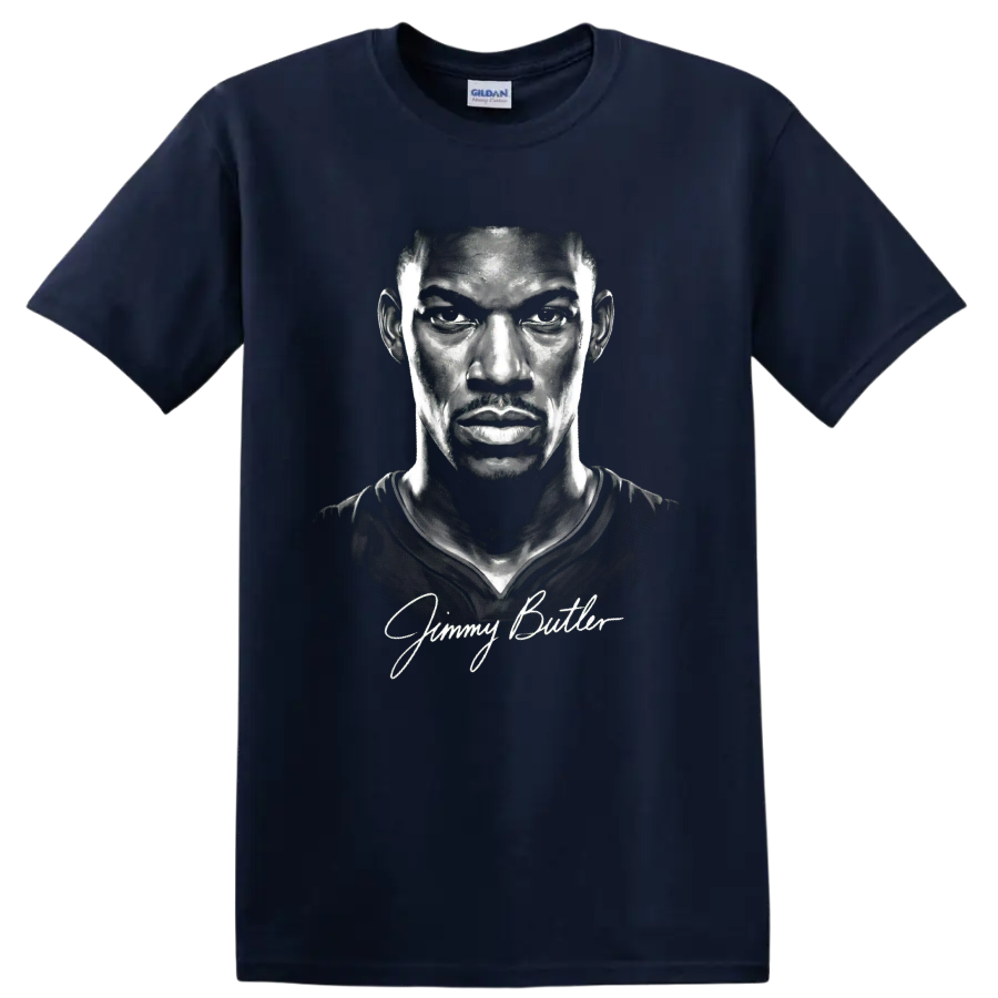 Grayscale Jimmy Butler basketball portrait illustration with cursive signature on a Navy (Blue) T Shirt