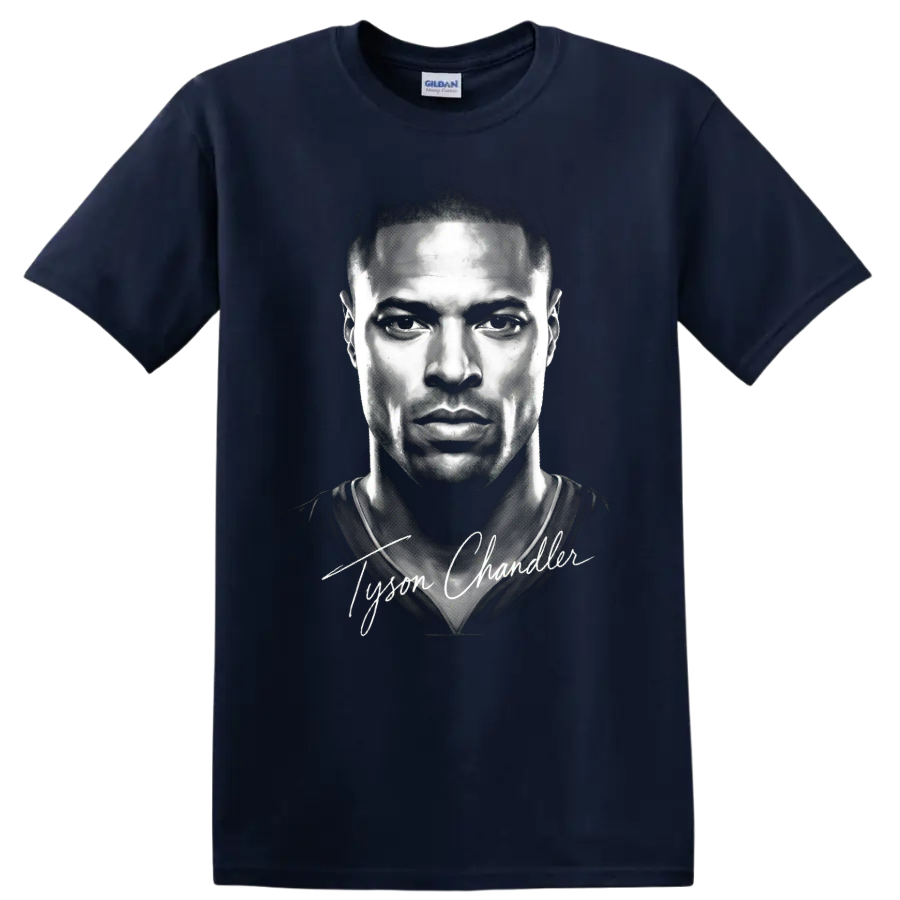 Grayscale Tyson Chandler basketball portrait with white signature script on a Navy (Blue) T Shirt