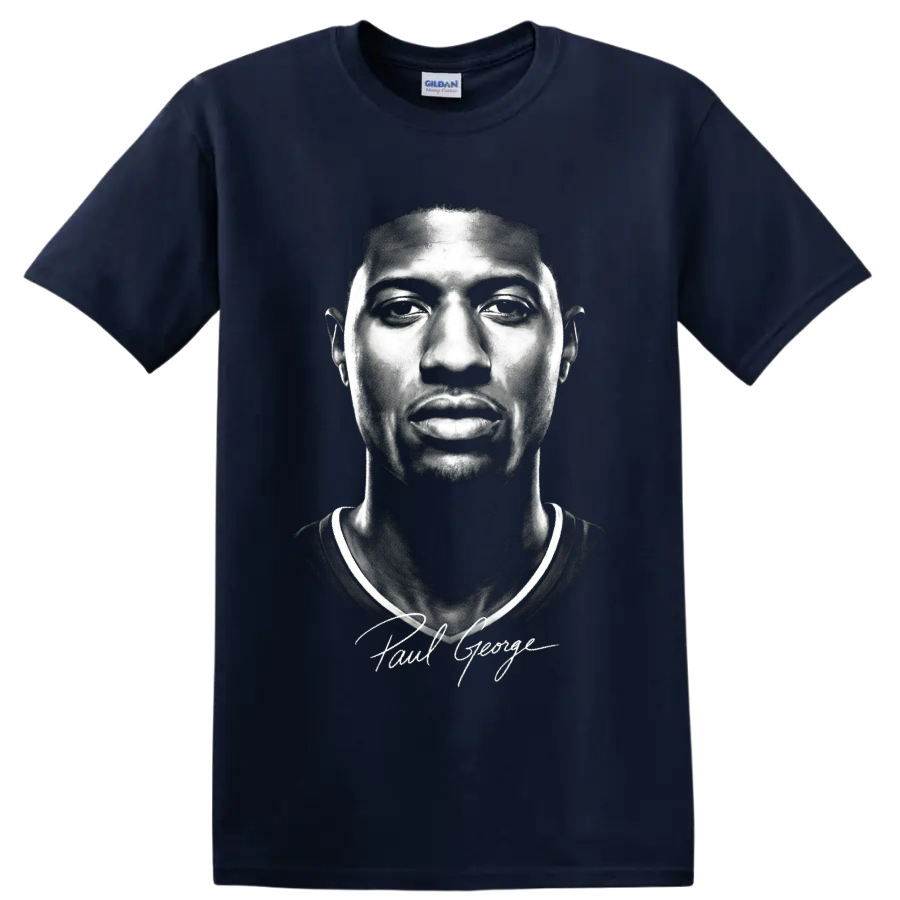 Black-and-white Paul George basketball portrait with signature-style script on a Navy (Blue) T Shirt