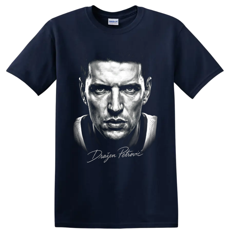Dražen Petrović New Jersey Nets No. 3 black-and-white basketball portrait on a Navy (Blue) T Shirt