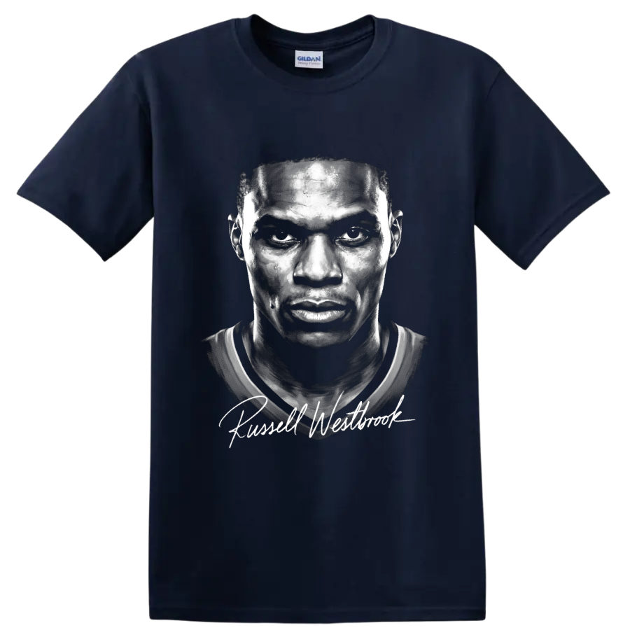 Russell Westbrook monochrome basketball portrait with signature-style lettering on a Navy (Blue) T Shirt