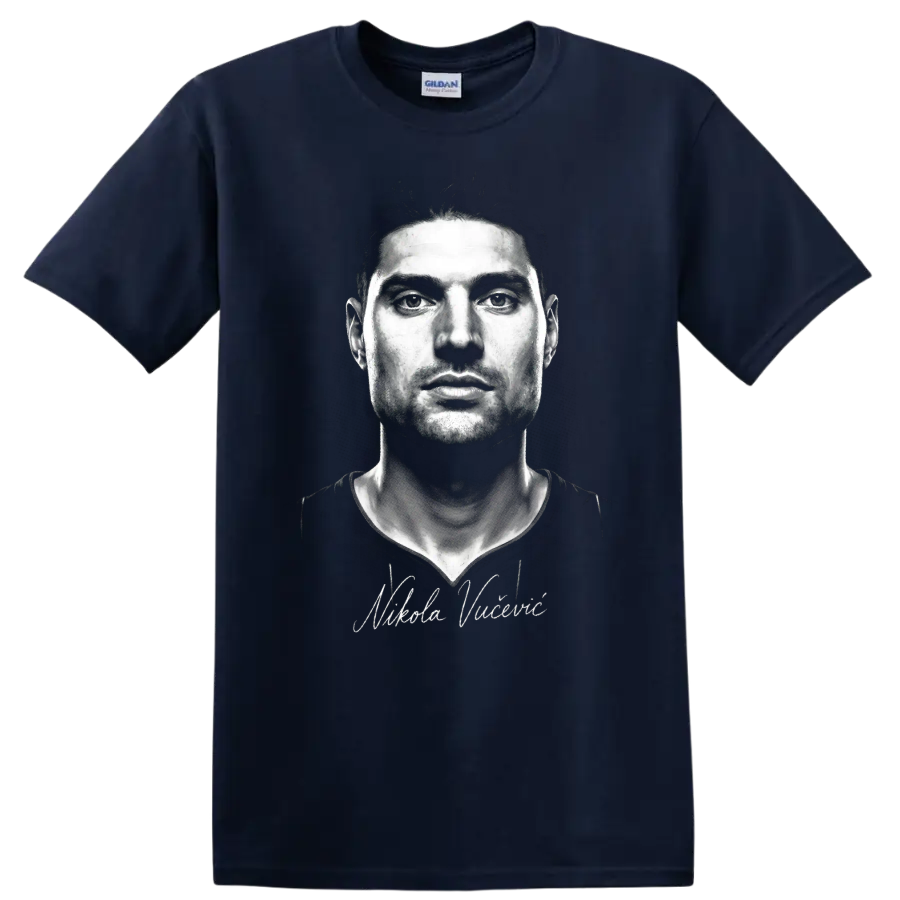 Nikola Vučević monochrome basketball portrait with cursive signature on a Navy (Blue) T Shirt