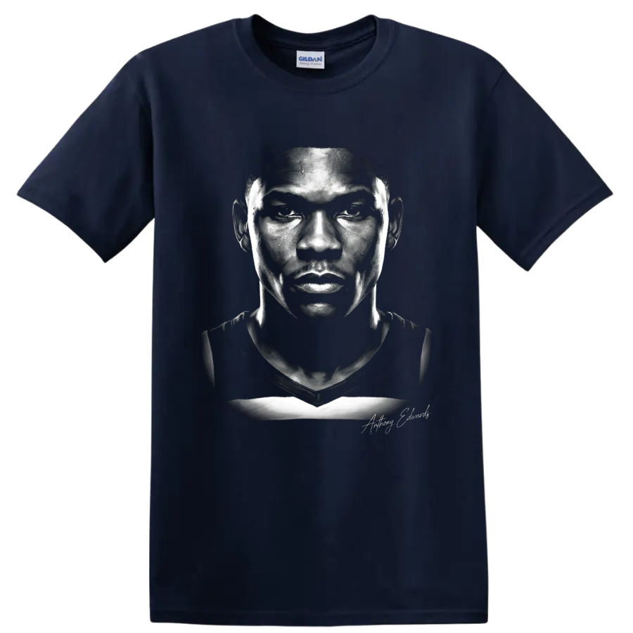 Monochrome Anthony Edwards Minnesota Timberwolves No. 5 portrait illustration on a Navy (Blue) T Shirt