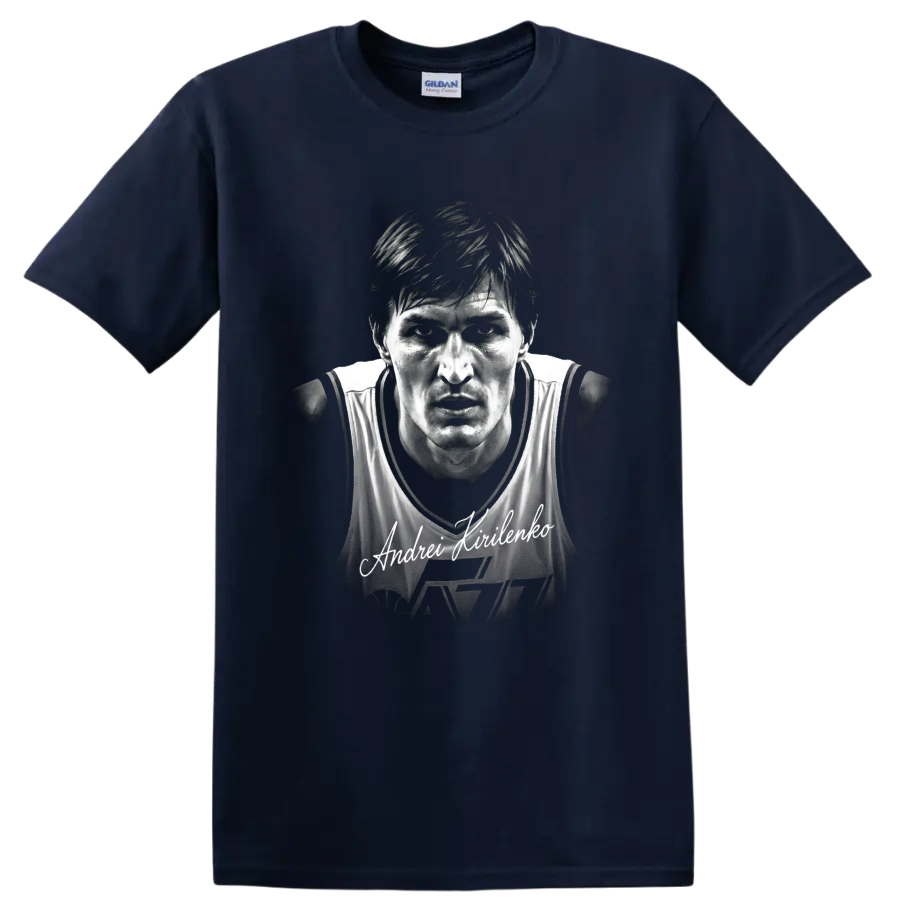 Andrei Kirilenko Utah Jazz No. 47 monochrome basketball portrait with signature on a Navy (Blue) T Shirt
