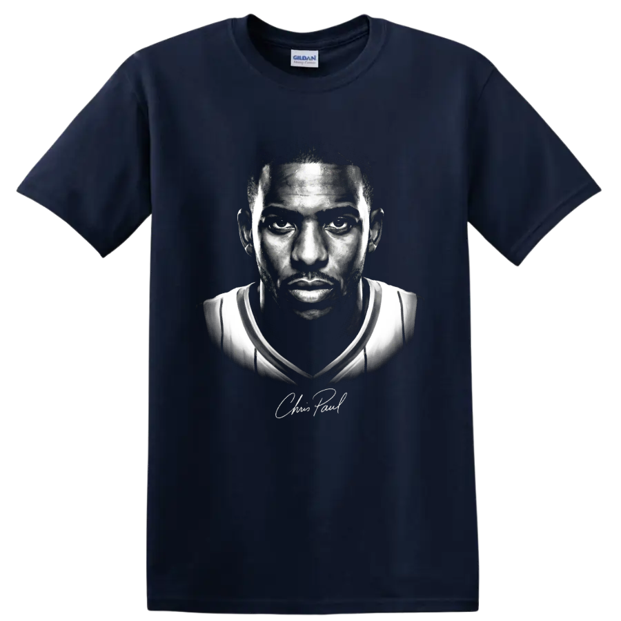 Chris Paul Los Angeles Clippers No. 3 black-and-white basketball portrait artwork on a Navy (Blue) T Shirt