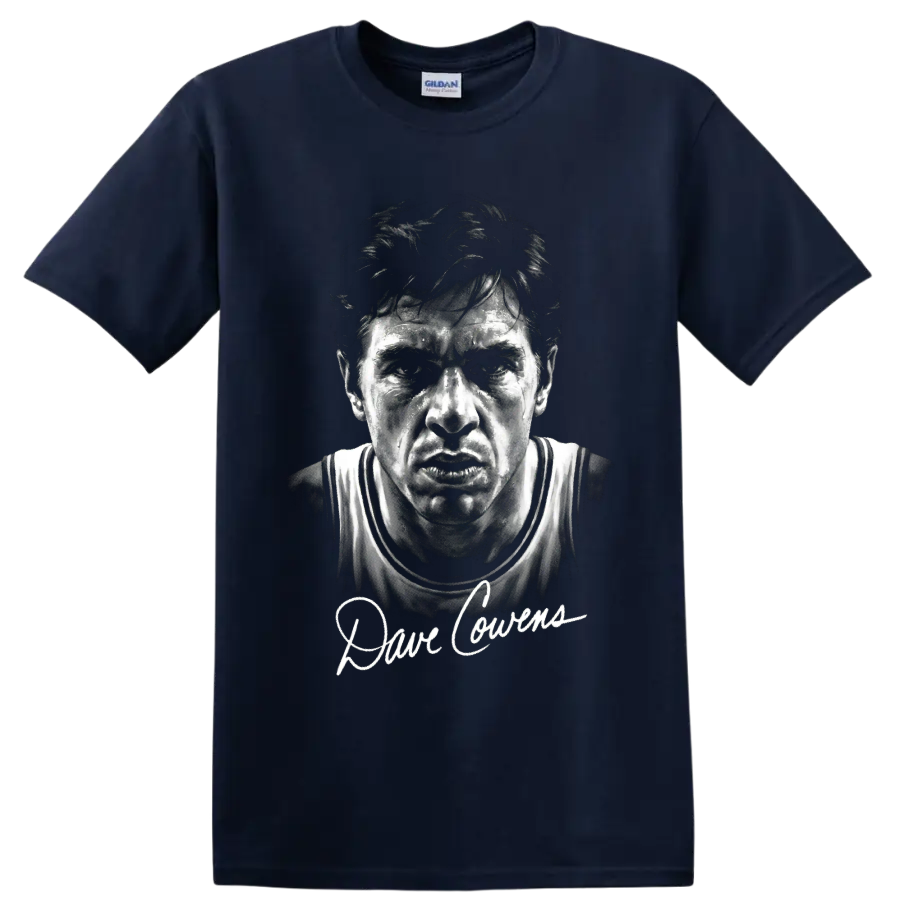 Dave Cowens basketball portrait with signature-style lettering on a Navy (Blue) T Shirt