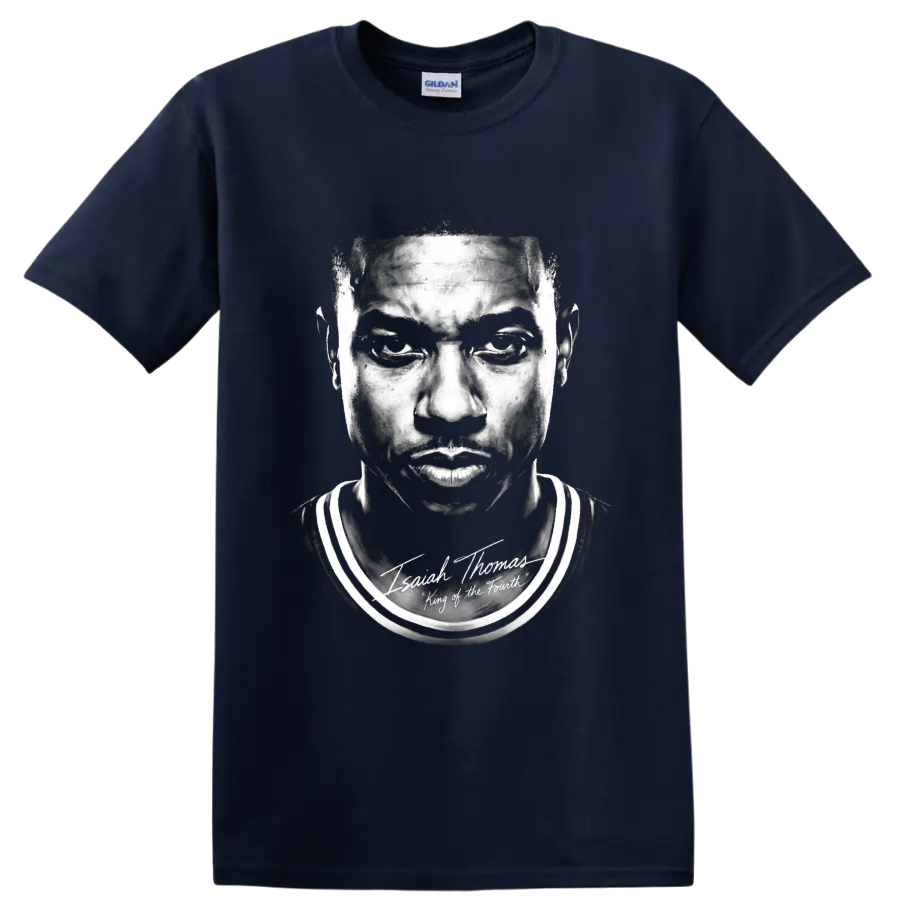 Monochrome Isiah Thomas Detroit Pistons No. 11 portrait with signature-style lettering on a Navy (Blue) T Shirt