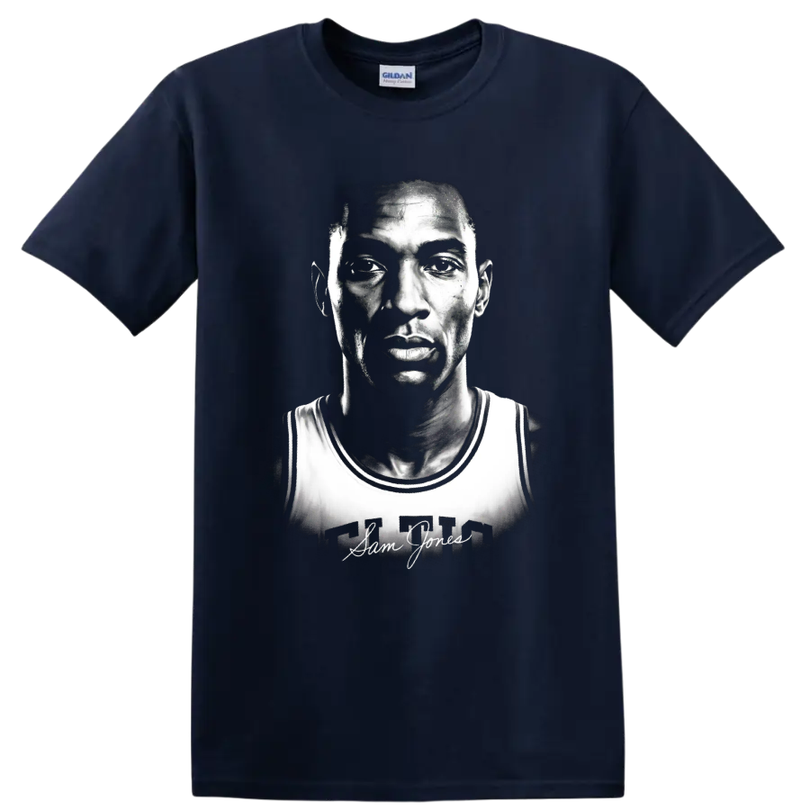 Black-and-white Sam Jones basketball portrait with Celtics jersey and signature on a Navy (Blue) T Shirt