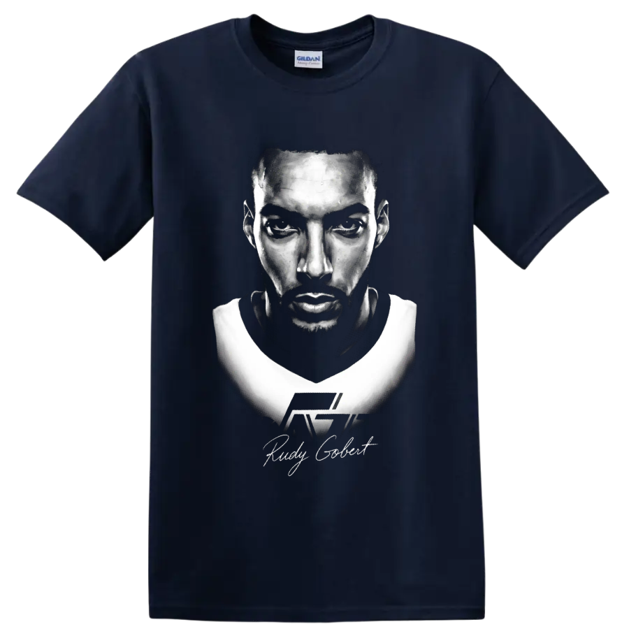 Rudy Gobert No. 27 black-and-white basketball portrait with signature-style lettering on a Navy (Blue) T Shirt