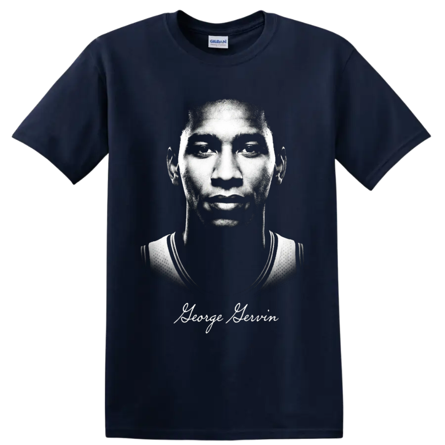 George Gervin monochrome basketball portrait with signature-style name text on a Navy (Blue) T Shirt