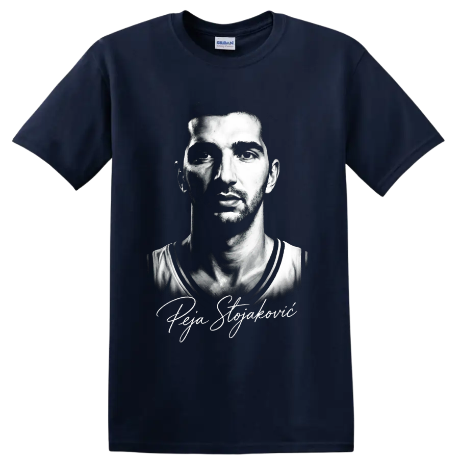 Peja Stojakovic black-and-white basketball portrait with signature-style script on a Navy (Blue) T Shirt
