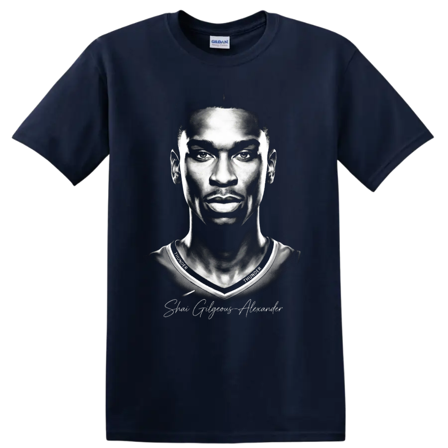 Shai Gilgeous-Alexander Oklahoma City Thunder No. 2 black-and-white portrait on a Navy (Blue) T Shirt