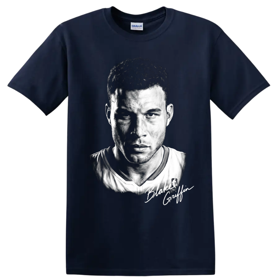 Blake Griffin Los Angeles Clippers No. 32 black-and-white basketball portrait on a Navy (Blue) T Shirt