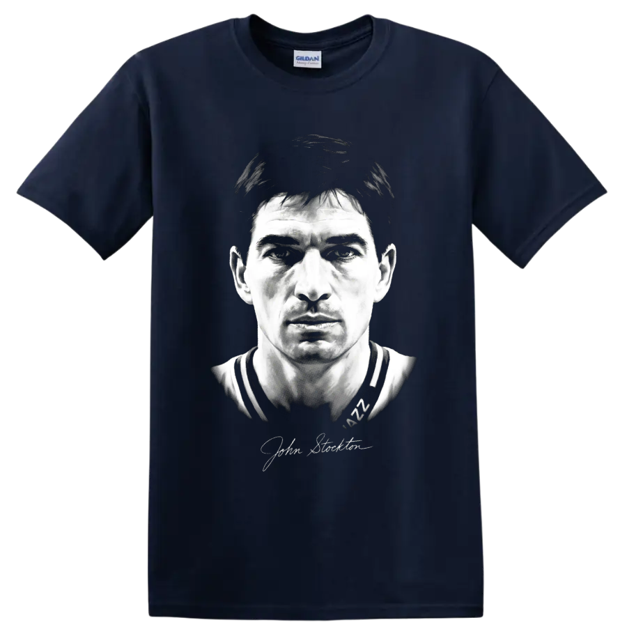 John Stockton Utah Jazz No. 12 monochrome basketball portrait with signature on a Navy (Blue) T Shirt