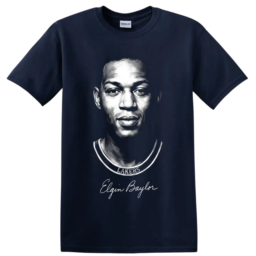 Elgin Baylor Lakers jersey portrait with signature in dramatic grayscale illustration on a Navy (Blue) T Shirt
