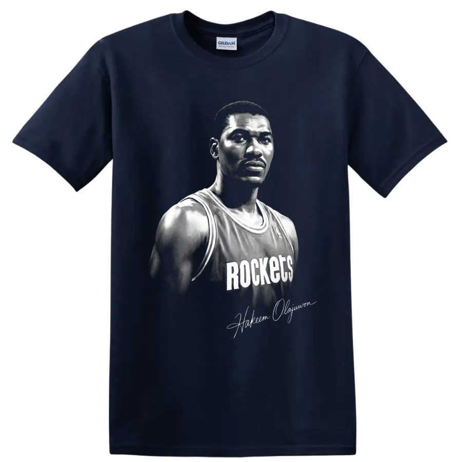 Black-and-white Hakeem Olajuwon Houston Rockets No. 34 basketball portrait on a Navy (Blue) T Shirt