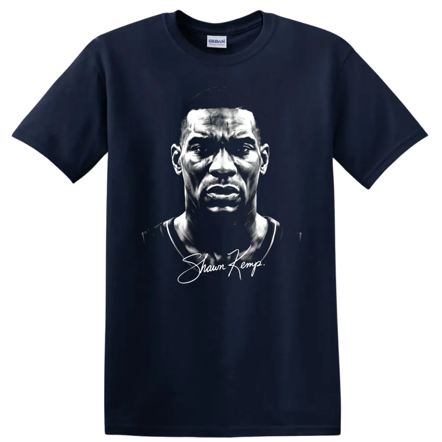 Shawn Kemp black-and-white basketball portrait with signature-style script on a Navy (Blue) T Shirt