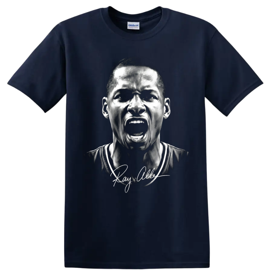 Monochrome Ray Allen shouting basketball portrait with signature-style detail on a Navy (Blue) T Shirt