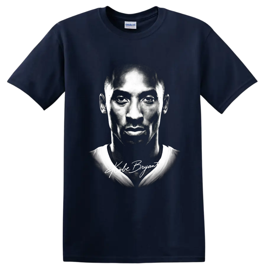 Black-and-white Kobe Bryant Lakers No. 24 portrait with signature-style lettering on a Navy (Blue) T Shirt