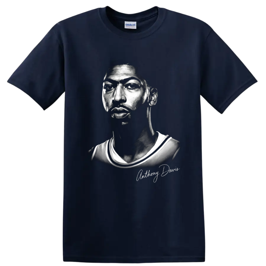 Anthony Davis monochrome basketball portrait with signature-style name script on a Navy (Blue) T Shirt