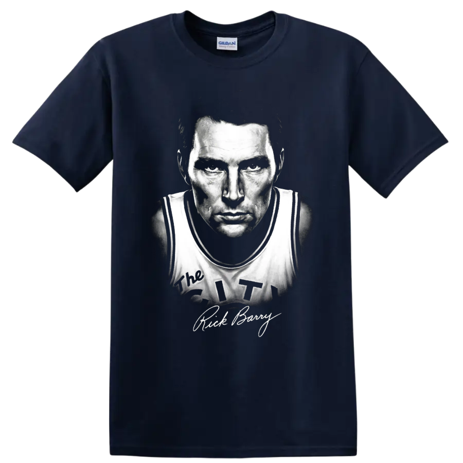 Rick Barry No. 24 basketball player monochrome portrait with signature-style text on a Navy (Blue) T Shirt