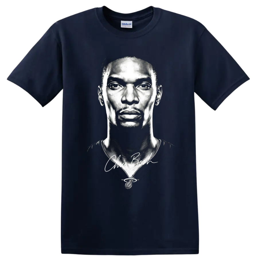 Chris Bosh black-and-white basketball portrait with signature-style script on a Navy (Blue) T Shirt