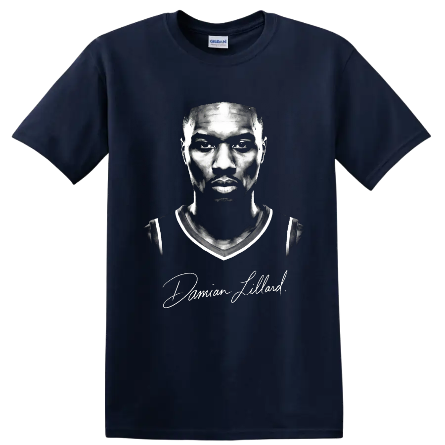 Damian Lillard monochrome basketball portrait with signature-style script on a Navy (Blue) T Shirt