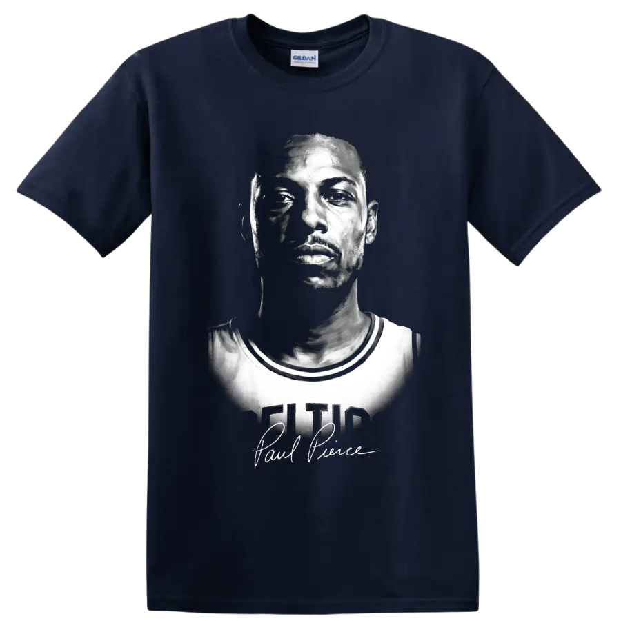 Black-and-white Paul Pierce Boston Celtics No. 34 portrait with signature-style script on a Navy (Blue) T Shirt