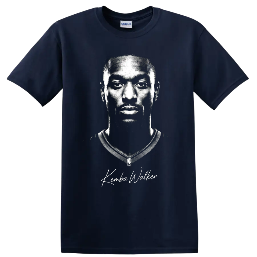 Monochrome Kemba Walker Charlotte Hornets No. 15 basketball portrait with signature on a Navy (Blue) T Shirt