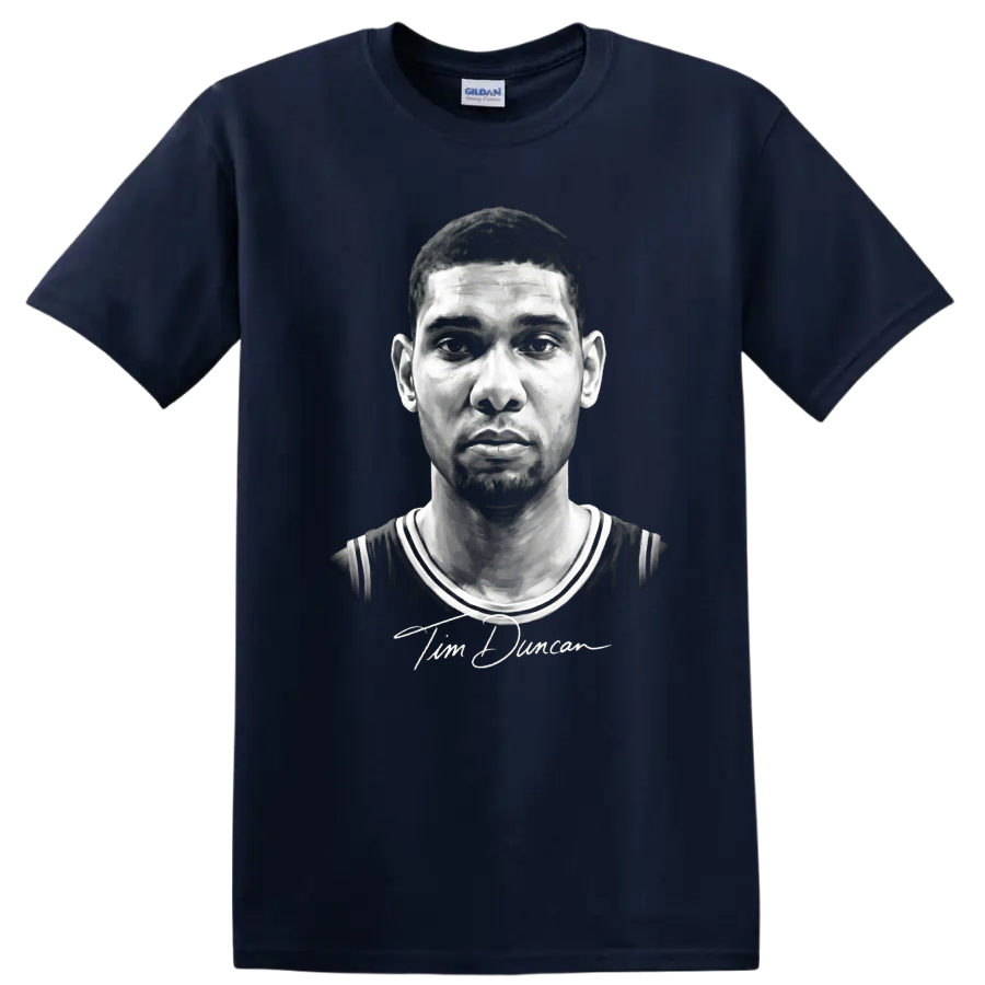 Grayscale Tim Duncan basketball portrait in No. 21 jersey with signature-style script on a Navy (Blue) T Shirt